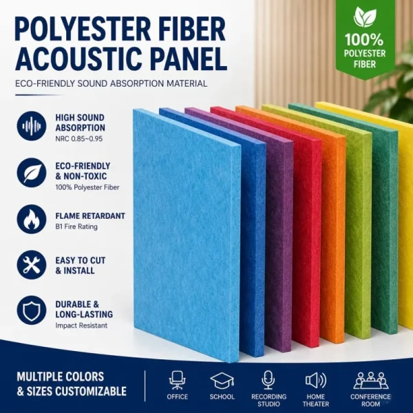 RAW Acoustic 100% Polyester Fiber Acoustic Panel Specs Infographic: NRC 0.85-0.95 High Sound Absorption, B1 Flame Retardant, and Custom Colors for Office and Studio